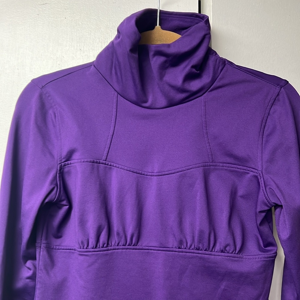 Athleta brand purple warm stretchy top with thumb holes and high neckline. - Picture 2 of 7